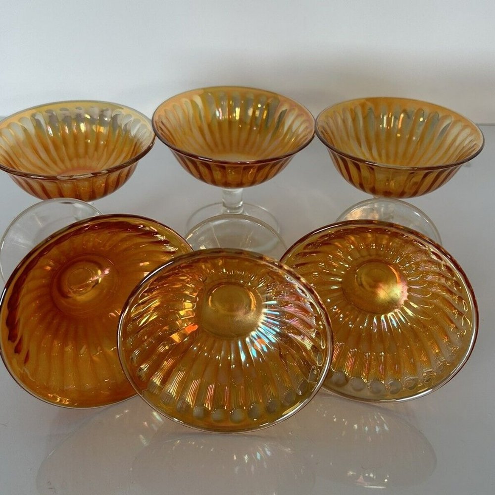 6 Imperial Smooth Rays Marigold Carnival Sherbets Iridescent Dessert Glasses